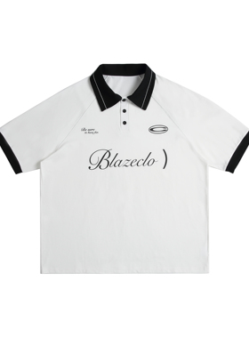 BLAZECLO 夏季复古字母运动休闲T恤高街学院风撞色拼接情侣上衣