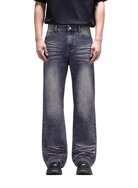 FEAROM 春夏基础复古水洗做旧微喇叭弹力阔腿宽松百搭情侣牛仔裤