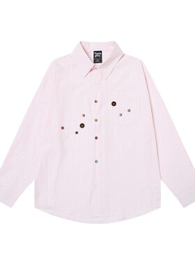 TAELE PLUS 美式复古撞色竖条纹彩色纽扣长袖衬衫学院风廓形外套