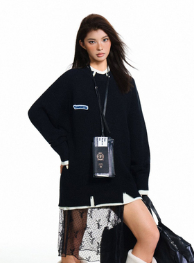 N-52TRW 美式复古学院风破洞假两件针织衫撞色拼接慵懒情侣打底衫