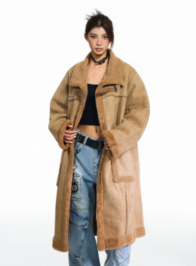 N-52TRW 冬季加绒加厚高级感保暖皮毛一体过膝大衣小众麂皮棉服