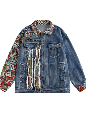 BLACKHOOP 复古名族风拼接牛仔裤外套春秋国潮美式痞帅休闲上衣