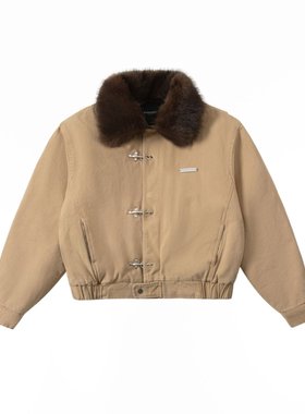 EPICURUS 秋冬新款设计师品牌大毛领金属飞机扣水洗棉宽松夹克