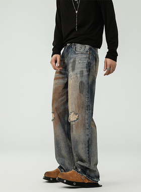 BLACK ARMADA美式复古脏脏做旧破洞牛仔裤男秋季嘻哈直筒宽松长裤