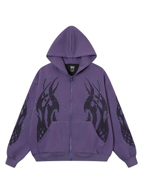 TAELE PLUS 复古街头做旧图腾火焰贴钻开衫卫衣宽松情侣休闲外套