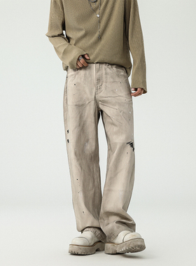 BLACK ARMADA美式复古水洗做旧牛仔裤男宽松直筒阔腿拖地潮牌长裤