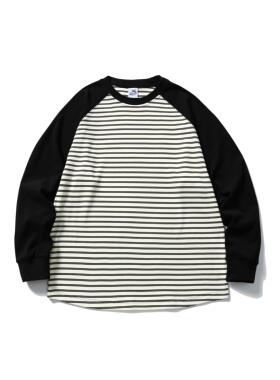 AIMATARGET 秋冬日系宽松条纹插肩袖打底衫复古撞色德绒长袖T恤衫