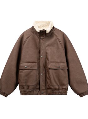 mayuEnjoy 美式复古美拉德PU皮立领棉衣大口袋情侣保暖防风棉袄