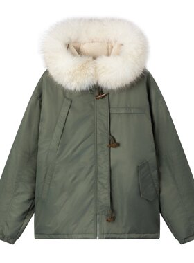 NEPLEURE 冬季加厚保暖拉链棉衣复古大毛领牛角扣连帽派克夹克