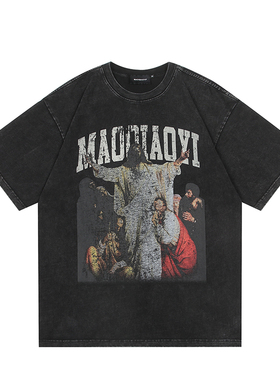 MAOQIAOYI  2025夏季新款嘻哈复古人物印花设计感水洗做旧情侣衫