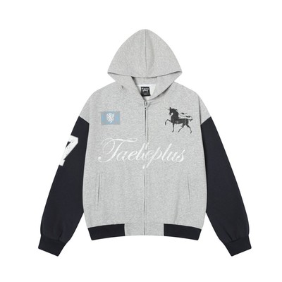 TAELE PLUS 秋冬战马做旧印花开衫卫衣高级感情侣复古拼接外套