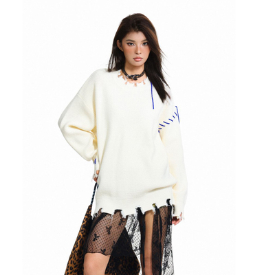 N-52TRW 小众设计感破坏风嵌线毛边针织衫学院风复古百搭情侣毛衣