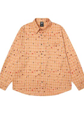 TAELE PLUS 秋季手绘星星橙黄格纹垂感长袖衬衫慵懒休闲复古外套