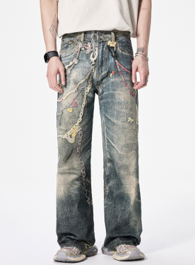 BLACK ARMADA 美式复古高街宽松数码印花糖果链条弯刀休闲牛仔裤