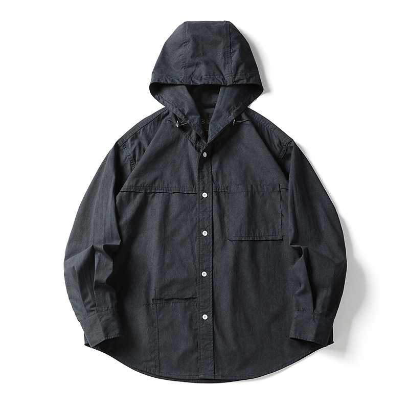 BLACK ARMADA 秋季复古连帽工装长袖衬衫做旧拼接纯棉休闲外套