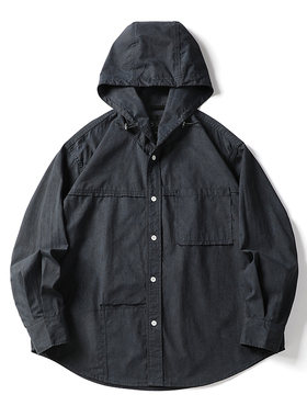 BLACK ARMADA 秋季复古连帽工装长袖衬衫做旧拼接纯棉休闲外套