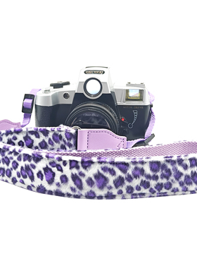 紫色毛绒豹纹厚新年礼物斜挎挂脖调节相机CCD单反微单拍立得背带