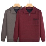 男士中老年人毛衣加绒加厚打底有口袋上衣爸爸冬季翻领内搭针织衫