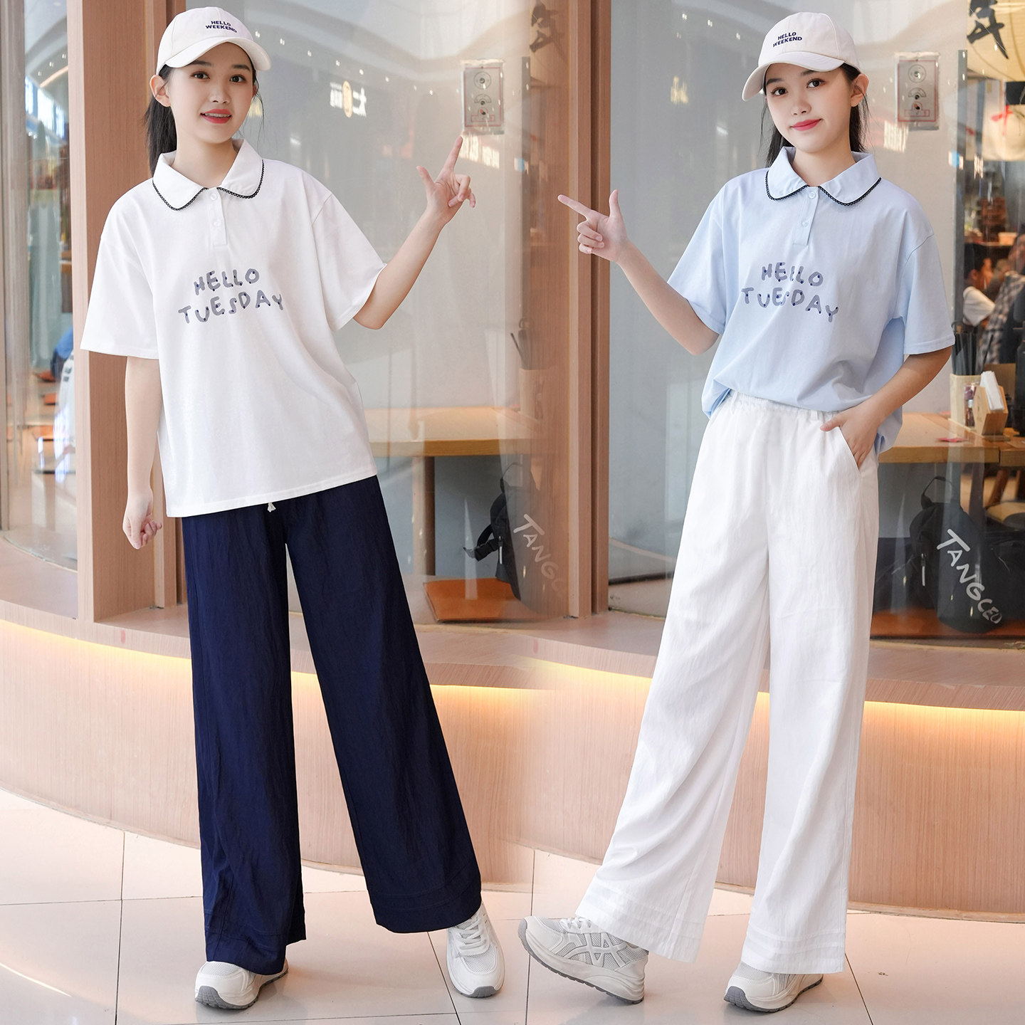 女童夏季套装新款青少年学生时尚休闲宽松翻领T恤阔腿裤轻薄套装