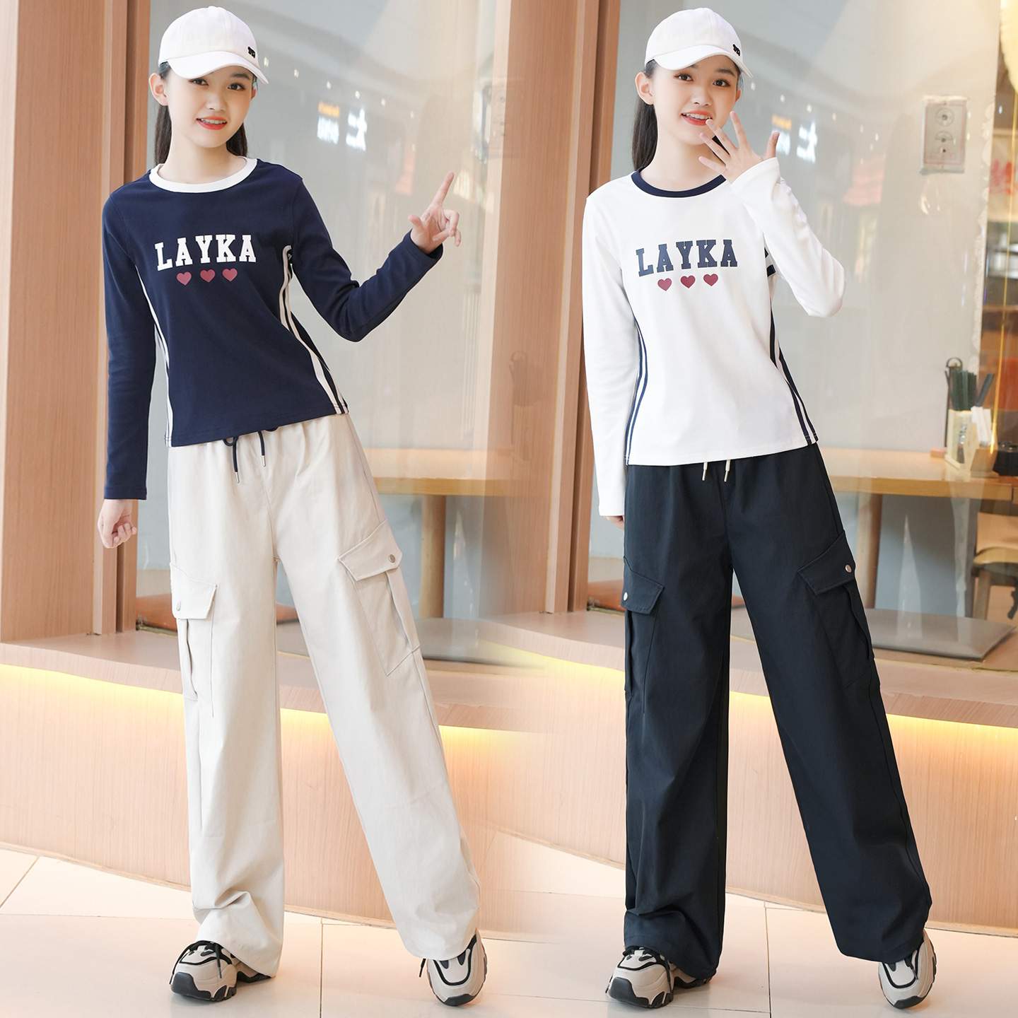 学生时髦洋气长袖T工装裤套装
