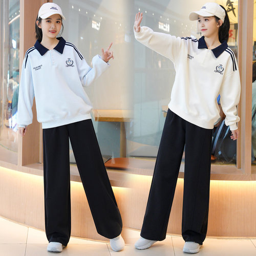 女孩宽松翻领卫衣搭运动裤套装