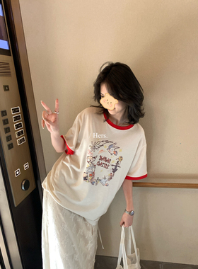 春上新！Hers撞色圆领印花短袖T恤女2026春夏宽松休闲上衣80266