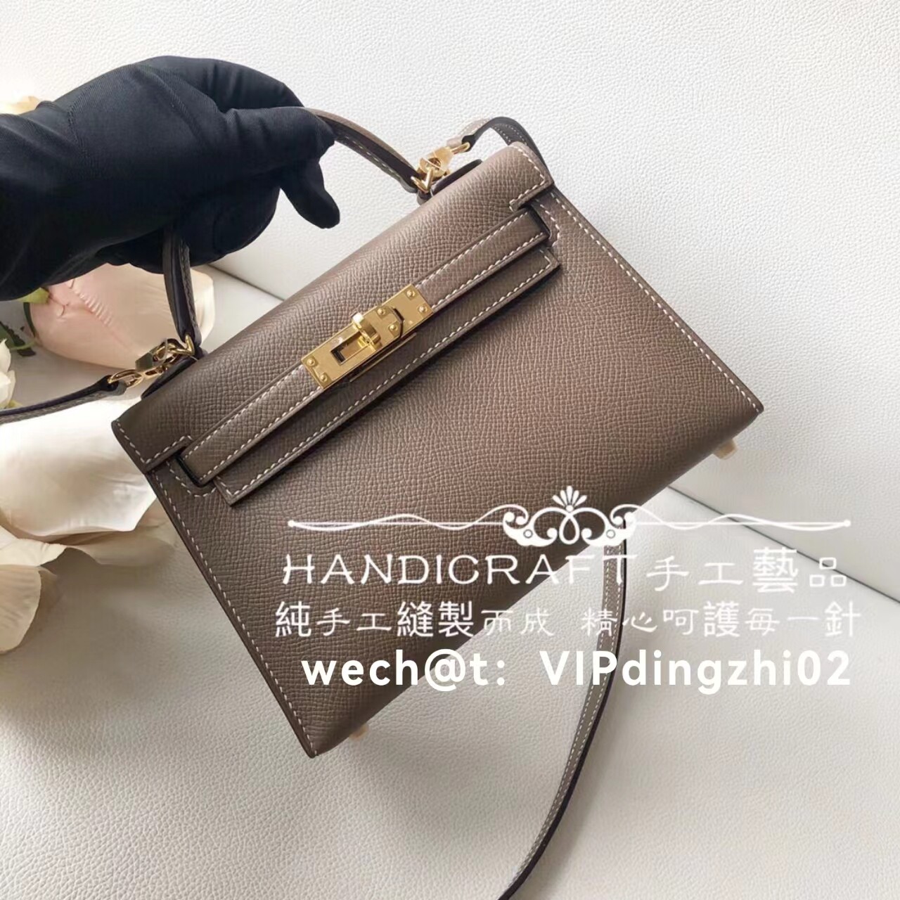 VIP总监纯手工缝蜡线掌纹epsom牛皮 mini凯莉包迷你二代C18大象灰