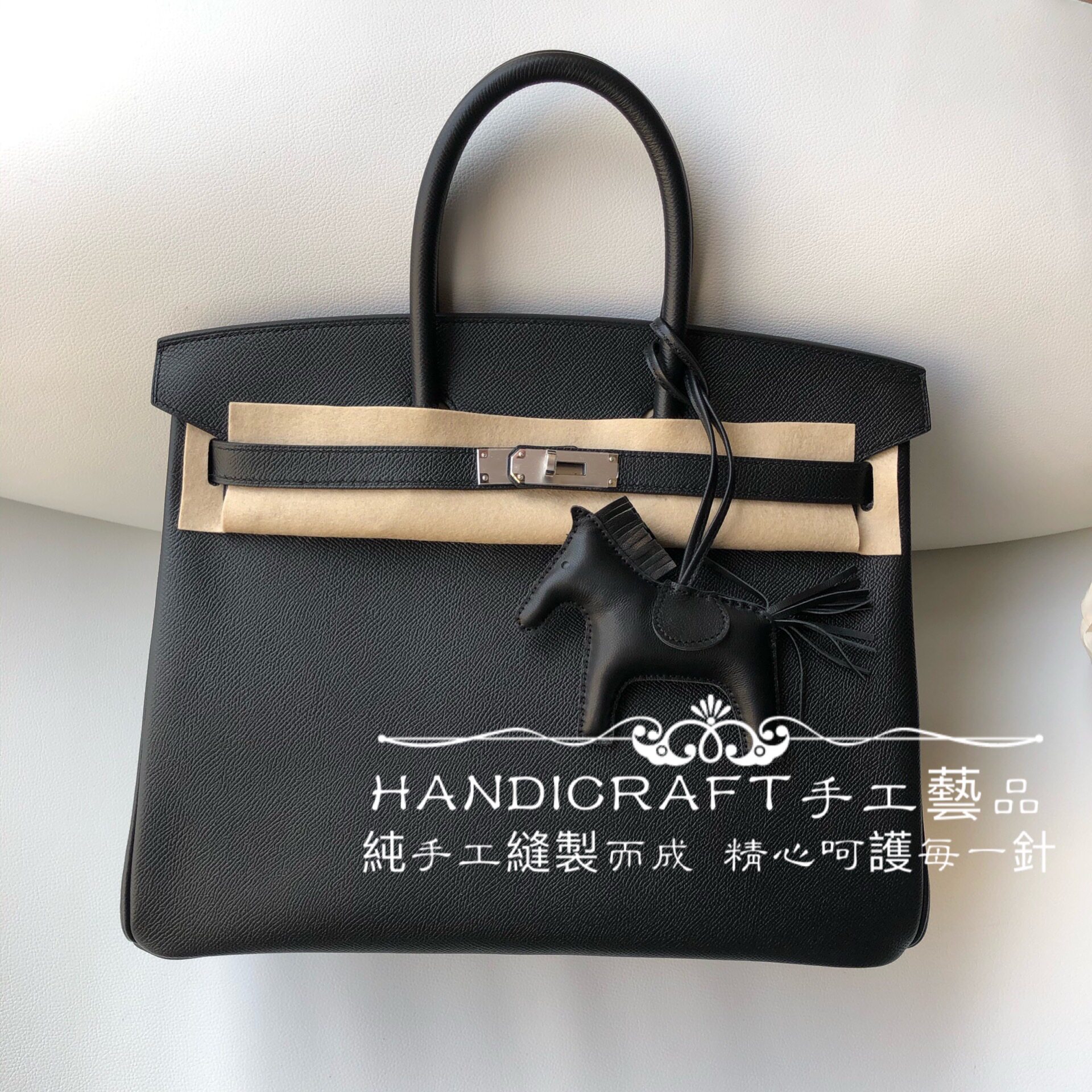 VIP总监纯全手工缝制蜡线手提包epsom掌纹牛皮女包铂金包35cm黑银