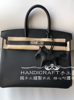 VIP总监纯全手工缝制蜡线手提包epsom掌纹牛皮女包铂金包35cm黑银