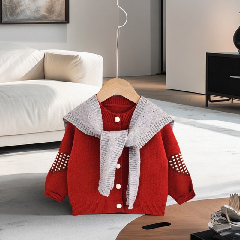 女童开衫毛衣秋冬新款儿童红色毛衣韩版披肩两件套毛衣外套学院风