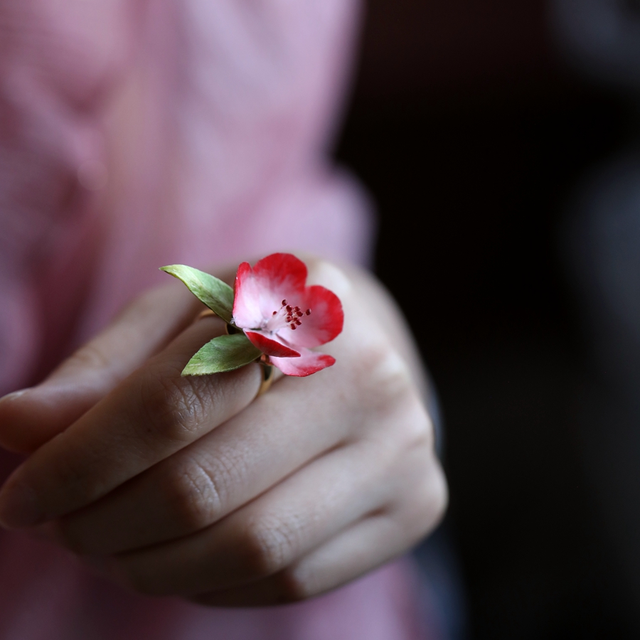 非遗绒花桃花开口戒指食指戒新中式旗袍配饰2025早春流行风格