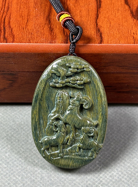 天然绿檀木雕三羊开泰吊坠木质绿色雕刻工艺品随身开运木钥匙挂件