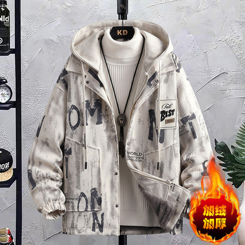 冬季新男士时尚加绒加厚连帽夹克外套雪尼尔牛仔棉服棉衣时尚百搭