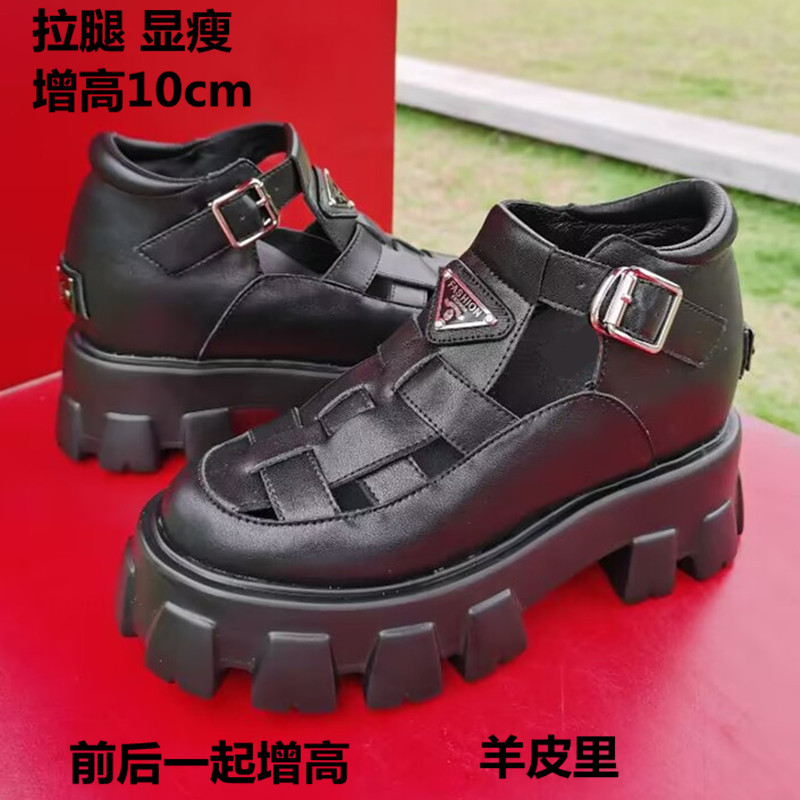2025万增百丽牛皮凉鞋10cm9厚底内增高p家三角标小白鞋女YF283IOA