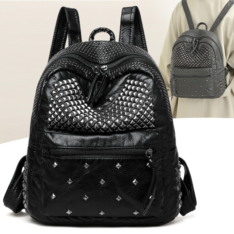 2026新款时尚铆钉水洗皮双肩包女士高级感大容量日常通勤小背包潮