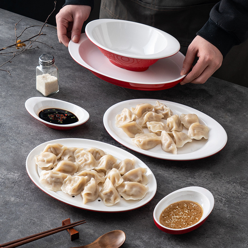 密胺商用餐具餐厅饺子盘子双层大号水饺盘干捞专用盘红白蘸料醋碟