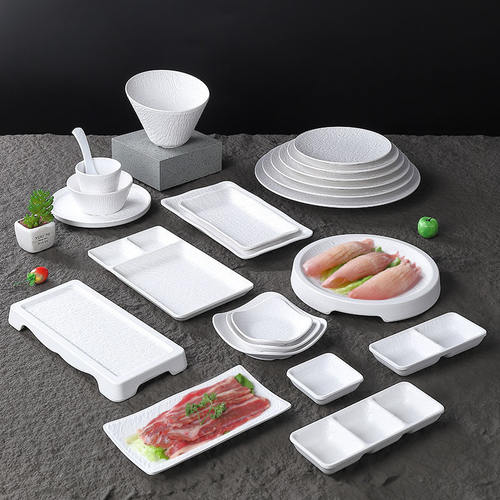 密胺加厚日式白色石纹烤肉店装肉盘仿瓷摆台餐具火锅餐厅专用盘碟