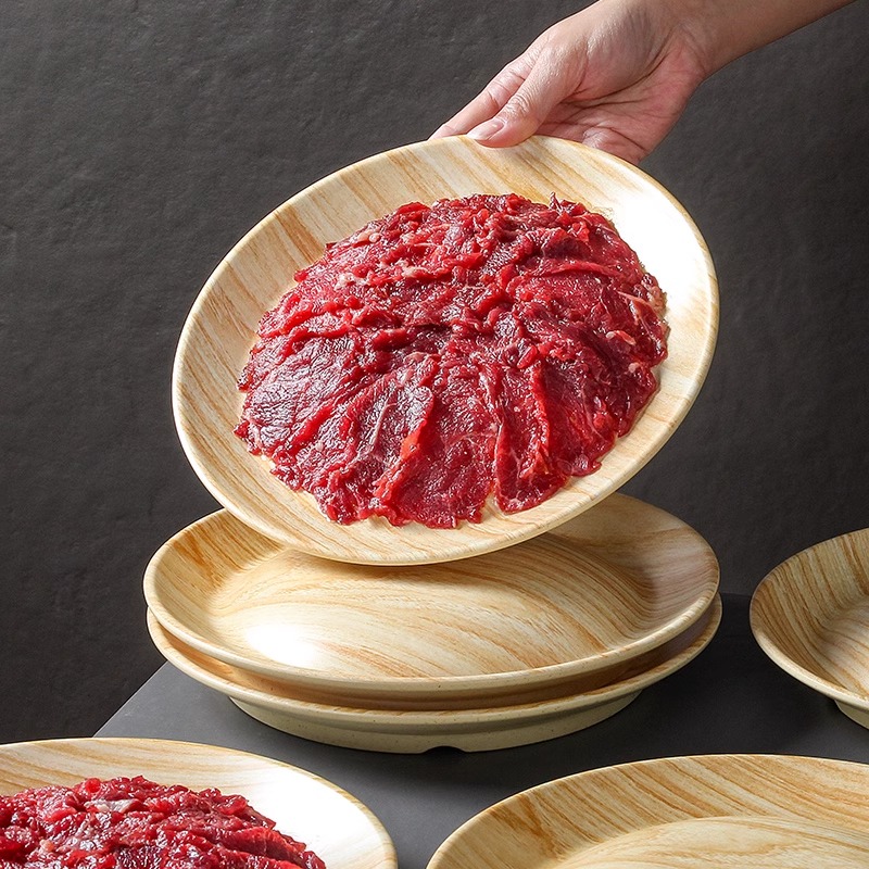 尚乐淘密胺餐具盘子火锅店木纹现切牛肉配菜盘圆形仿瓷吊龙涮肉盘