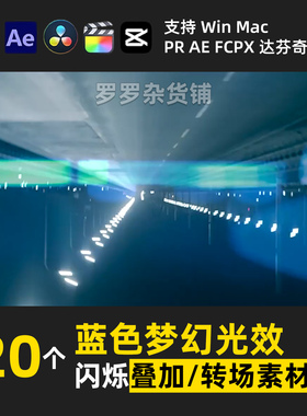蓝色梦幻光效闪烁转场过渡PR剪映FCPX达芬奇AE音效调色滤镜M1M2