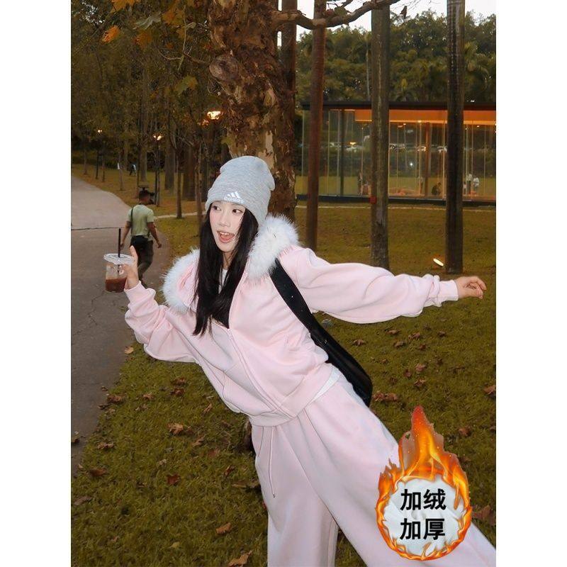 25甜美少女粉色运动服套装女秋冬加绒加厚连帽卫衣外套休闲两件套