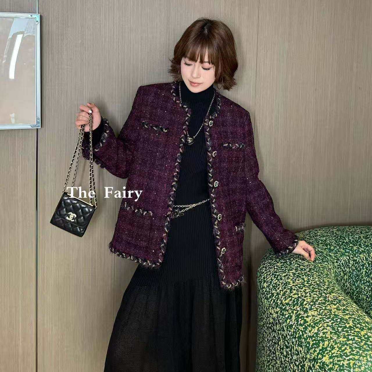 好漂亮好漂亮紫色重工小香风外套女2025年冬季新款短上衣名媛气质