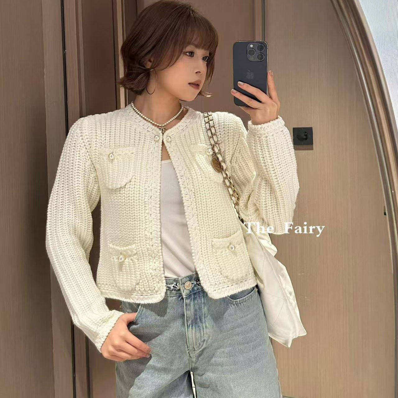 好漂亮好漂亮米白色针织开衫外套女2025年冬季新款短上衣珍珠扣子