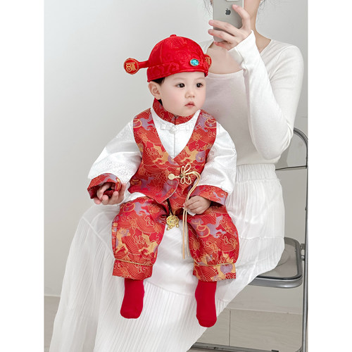 男女宝宝周岁宴礼服婴幼儿新中式唐装抓周服分体套装纯棉生日冠衣