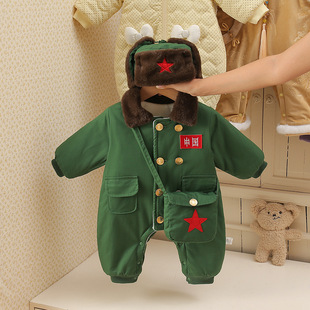 刘德华同款军大衣冬款加绒加厚连体衣衣服童装保暖新生儿外出服
