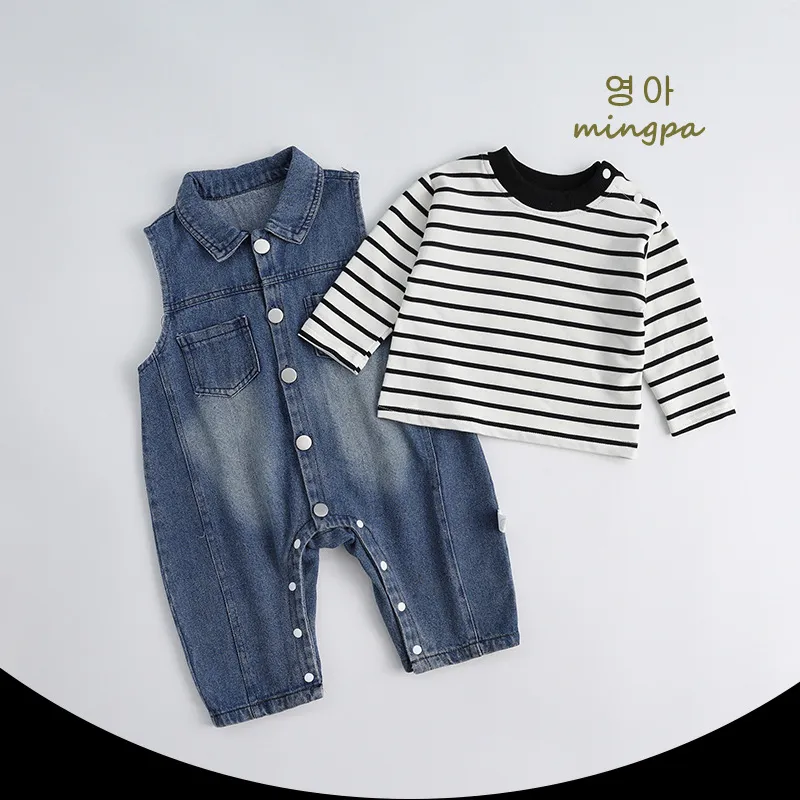 新款婴幼儿长爬分体衣服春秋装两件套连体裤男宝宝牛仔背带裤套装