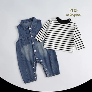 新款婴幼儿长爬分体衣服春秋装两件套连体裤男宝宝牛仔背带裤套装