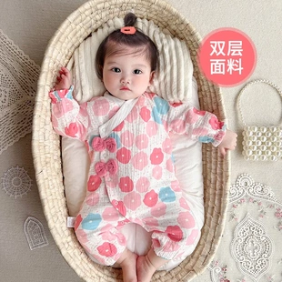 2025婴儿春秋新款哈衣女宝宝无缝双层连体衣新生儿纯棉连身衣2952