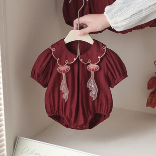 婴儿衣服夏款红色喜庆女宝宝公主风连体衣抓周周岁生日宴礼服哈衣