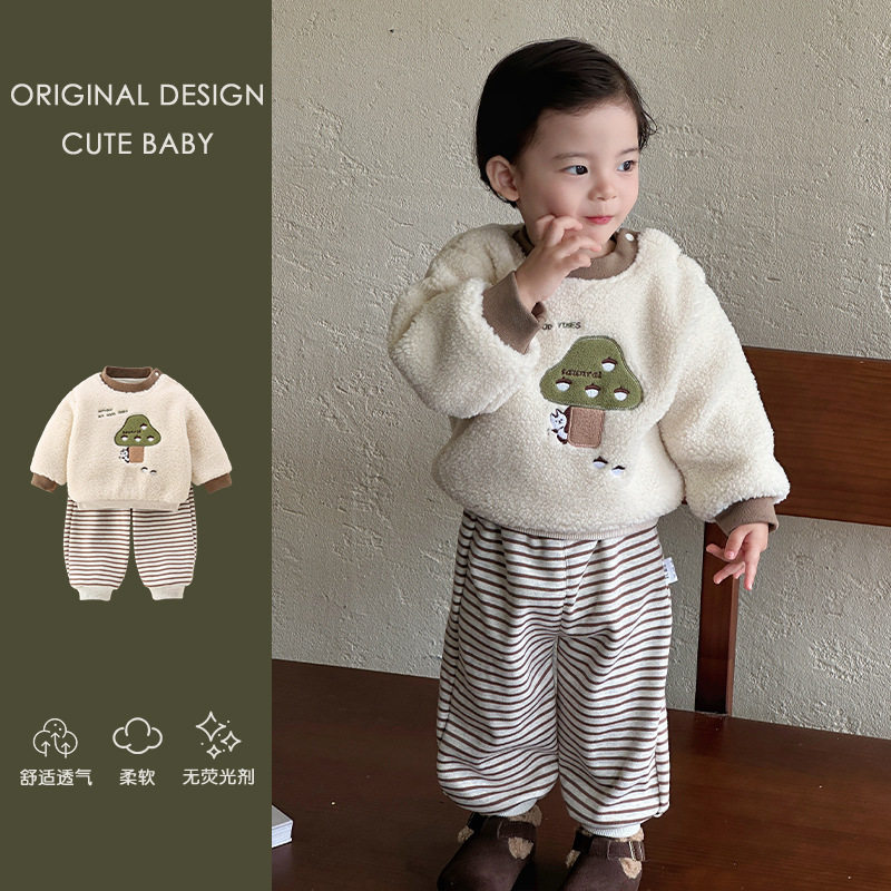 婴幼儿冬季外出服宝宝衣服秋冬款套装帅气可爱加绒卫衣长裤