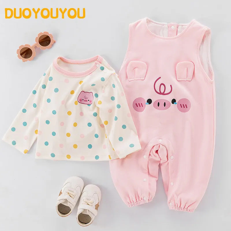 儿童套头春季套装彩色波点卡通猪猪双层背带裤女宝宝纯棉a类爬服